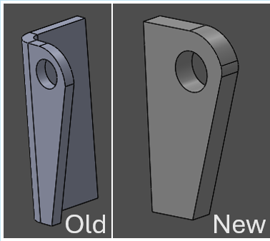CAD comparison of the old and new lift point bracket — thicker material, larger radius, and more edge distance on the new design.